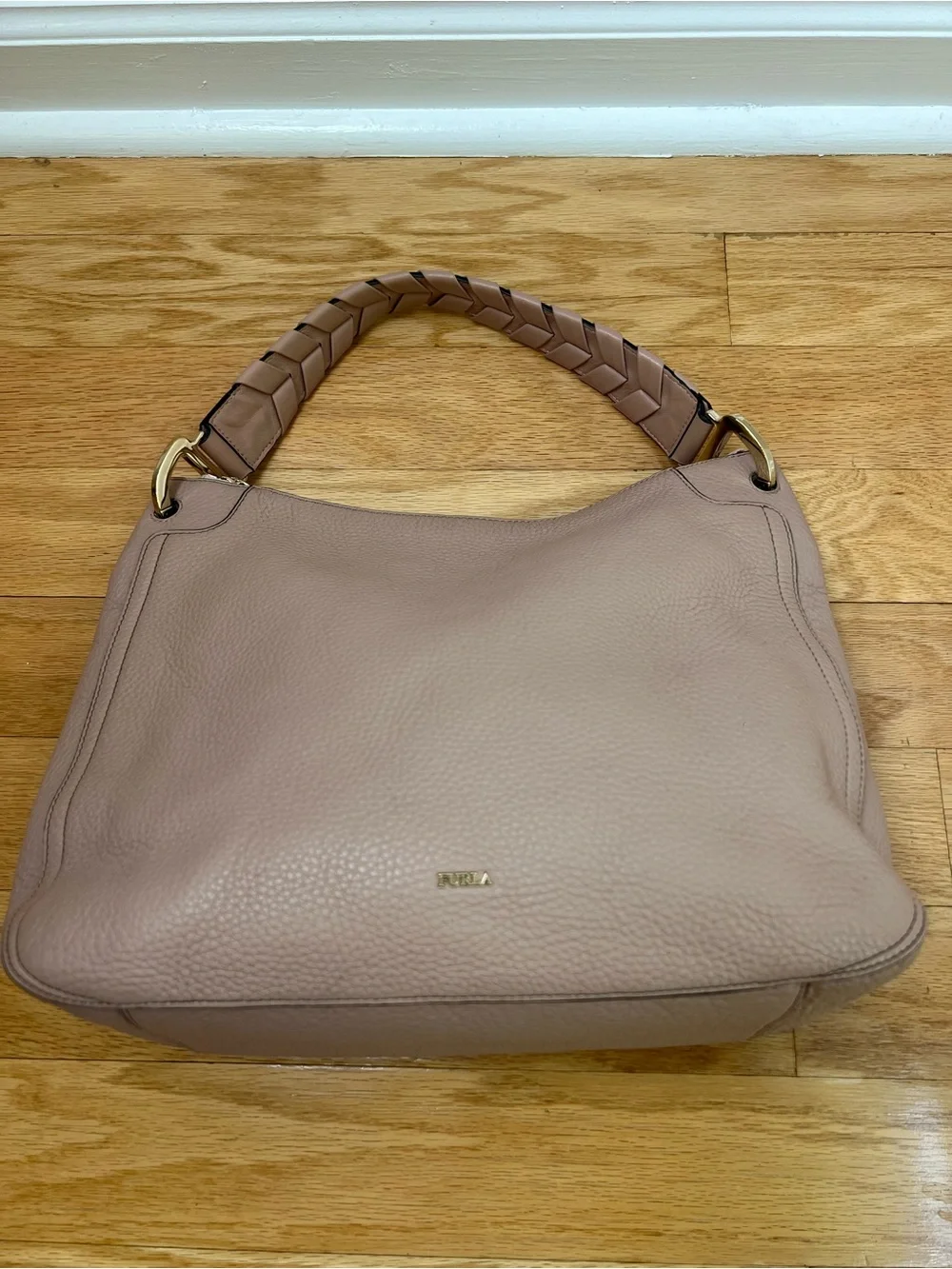 Authentic Furla Rialto Pebbled Leather Hobo Bag - Woven Handle in Powder Pink